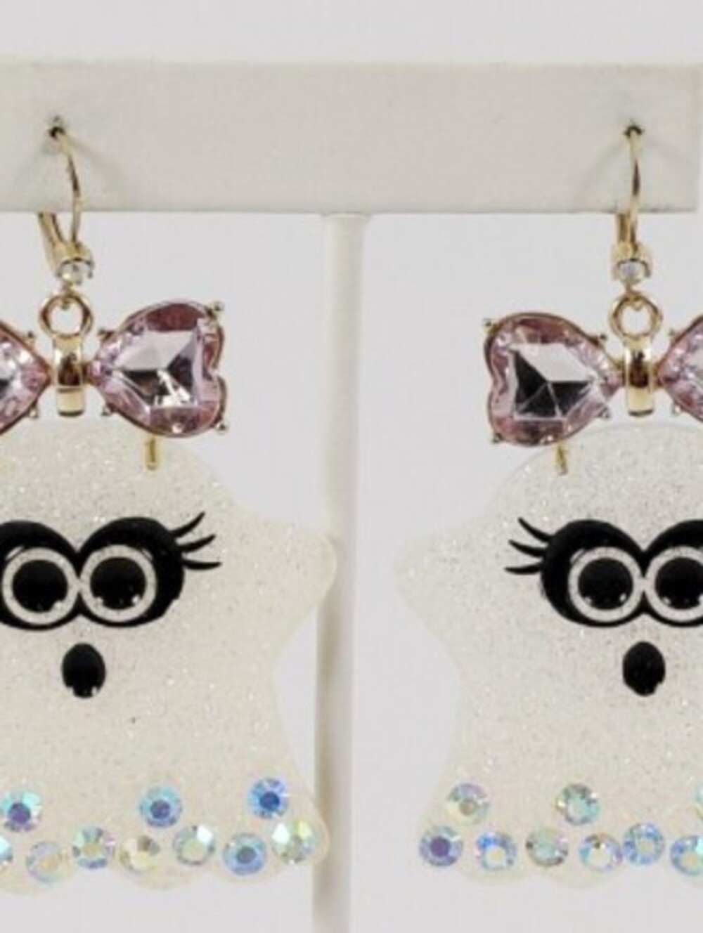 Betsey Johnson Cute Ghost Earrings with Pink Bow Accent and Rhinestones